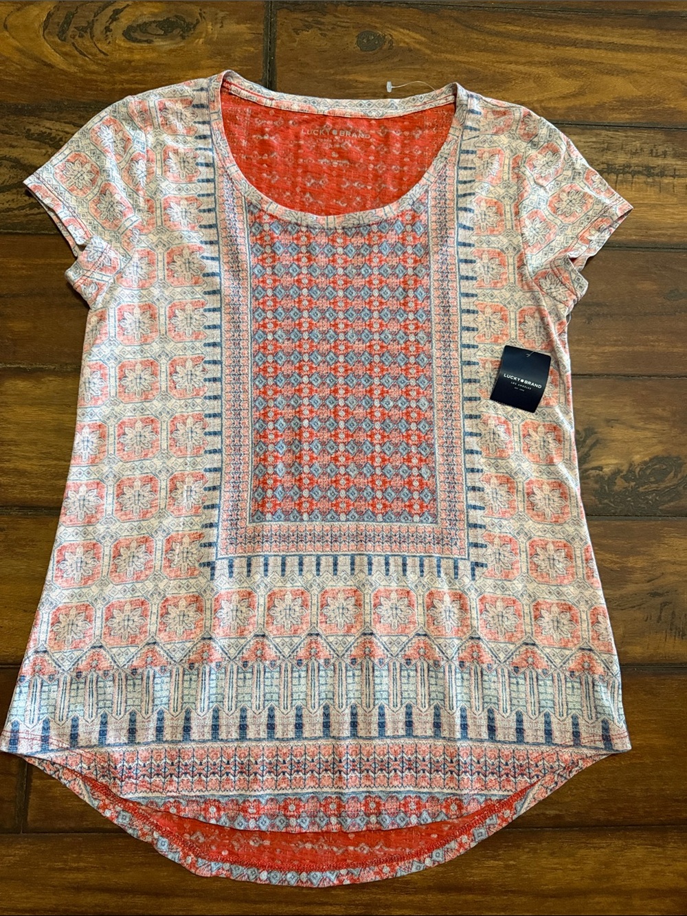 Lucky Brand NWT Coral and Blue Short Sleeve Scoop Neck Tee
